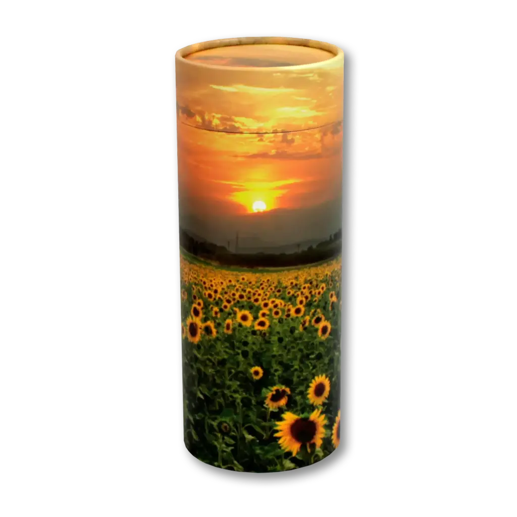 Cylindrical product with sunflower field and sunset design on a white background