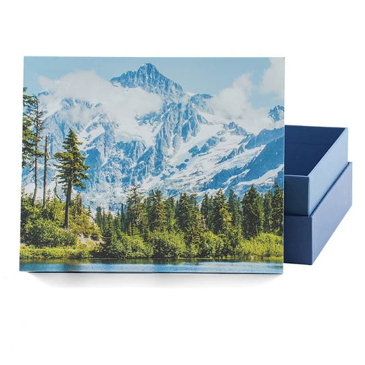 Blue box with mountain and forest design on a white background