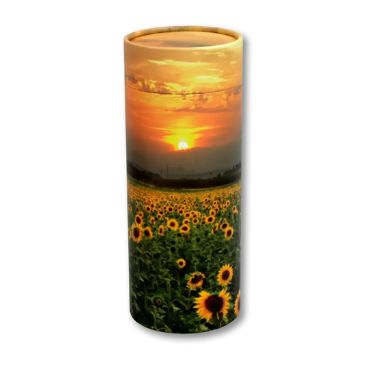 Cylindrical product with sunflower field and sunset design on a white background
