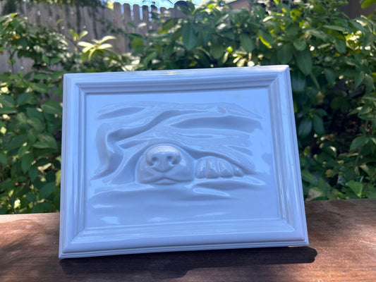 Sleeping Dog Portrait Urn – Ceramic Pet Memorial (White Gloss & Craquelure)